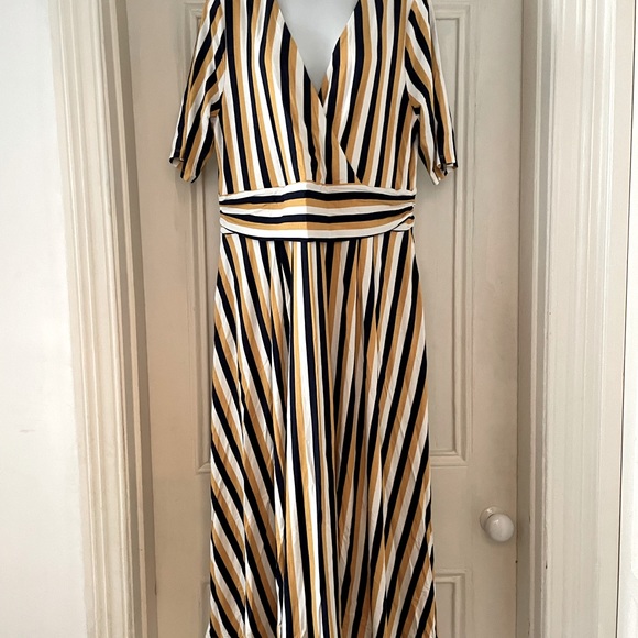 Boden Ruched Waist Jersey Midi Dress (J0625) - Navy White Yellow Stripe - 18 L - Picture 2 of 4